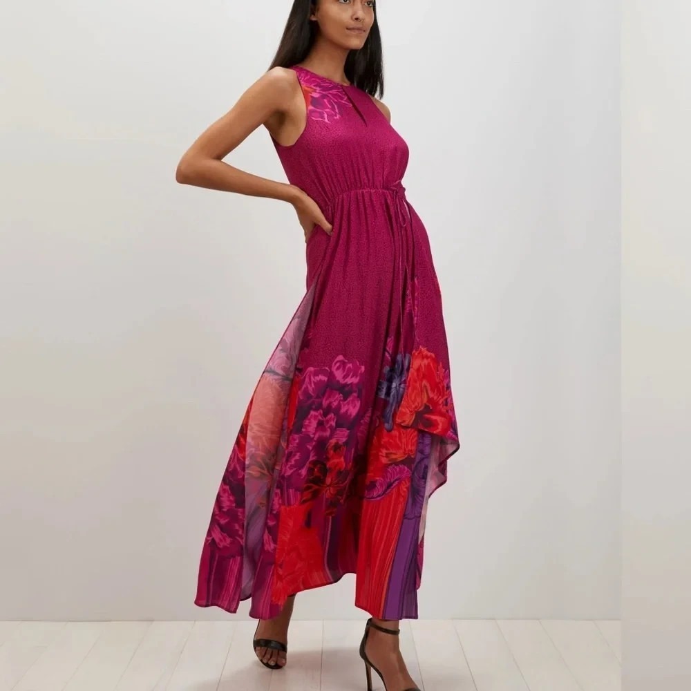 The Kitβ Womens Anna Dress Cerise Iris Sleeveless Maxi Floral Pink Purple Medium